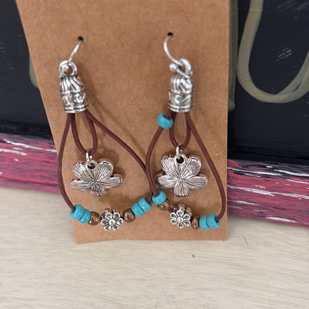 Artisan Silver and Turquoise Floral Earrings with leather accents - Picture 3 of 4